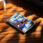 Blue magician mechanical dice card on a sunlit wooden tabletop.