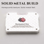 Back of the white mechanical dice card with honeycomb texture, screws and instruction plate.