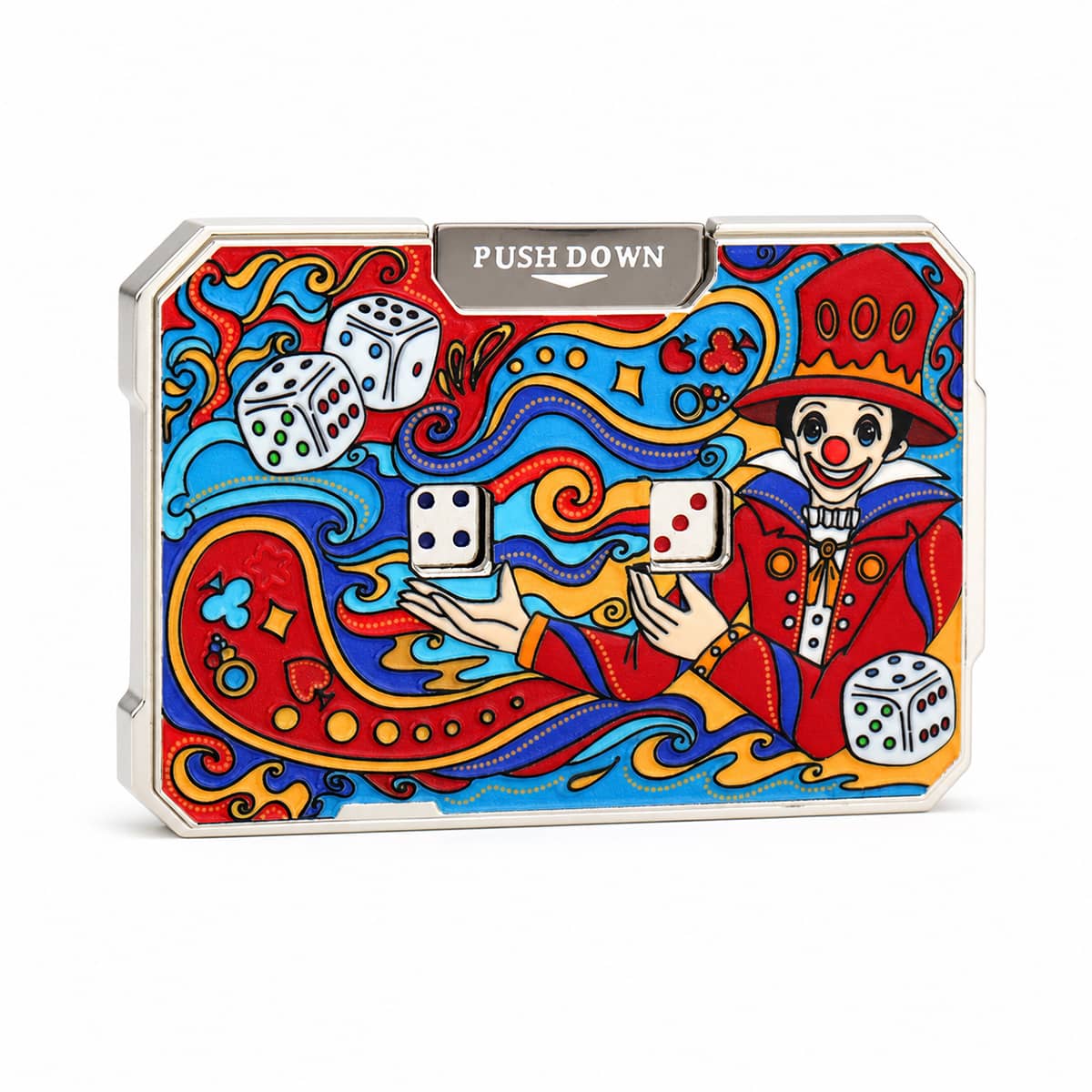 Colorful mechanical dice card with push-down button, joker artwork and multiple dice windows.