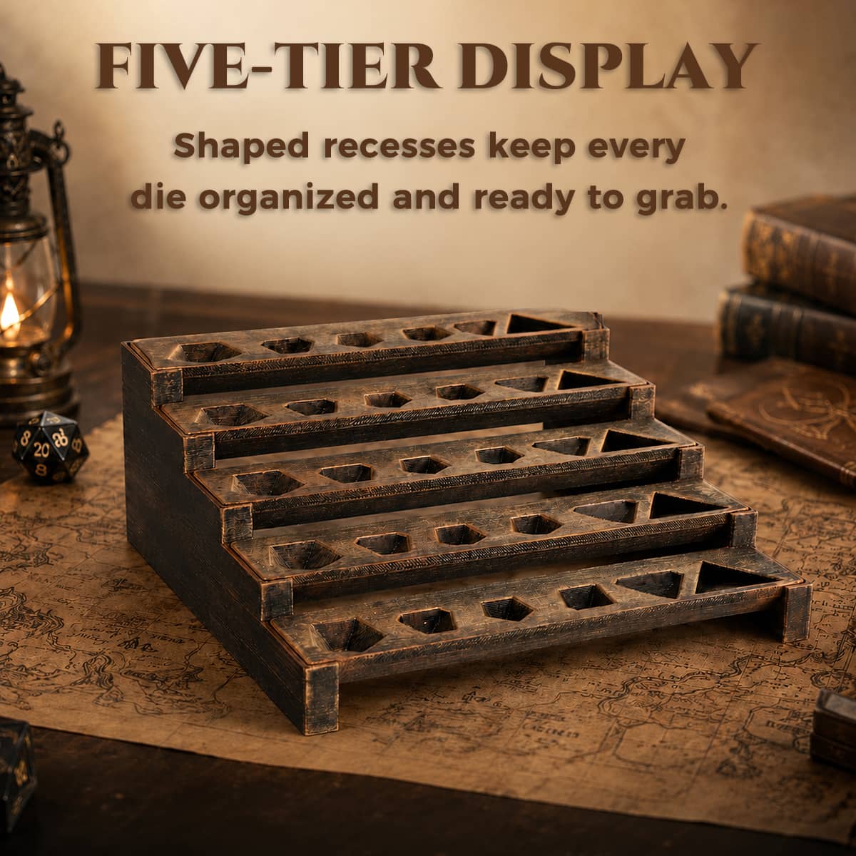 Empty five-tier wooden RPG dice display with shaped recesses on each shelf.