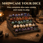 Five-tier wooden display holding five complete colorful polyhedral dice sets.