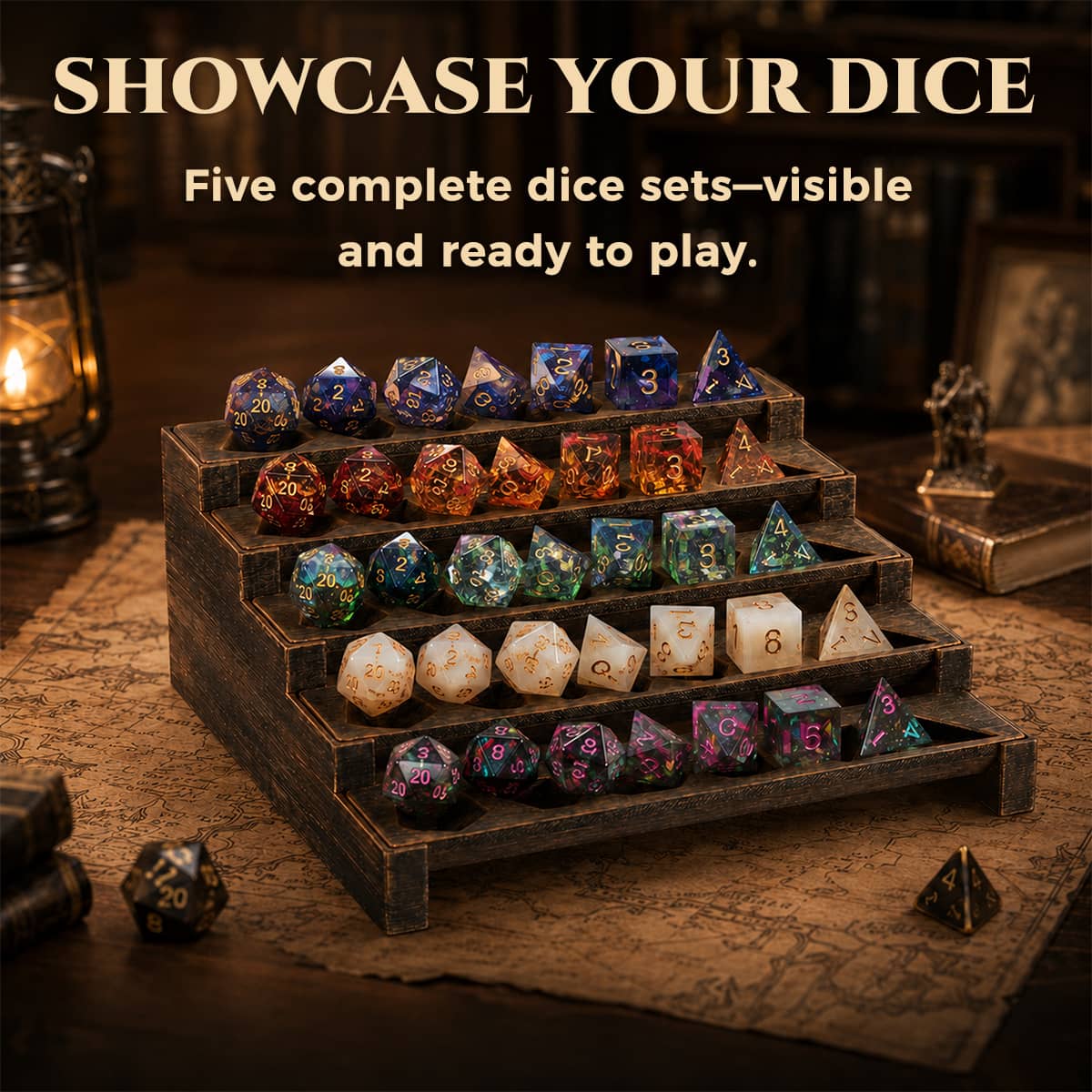Five-tier wooden display holding five complete colorful polyhedral dice sets.