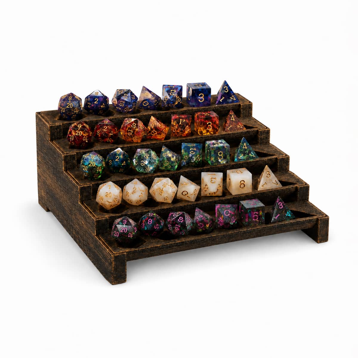 Five-tier wooden RPG dice display stand holding five complete polyhedral dice sets.