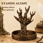 Empty antique bronze ancient tree dice display with sculpted branches and round tray.