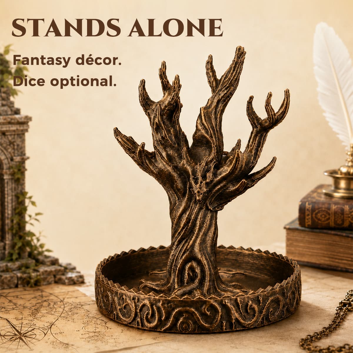 Empty antique bronze ancient tree dice display with sculpted branches and round tray.
