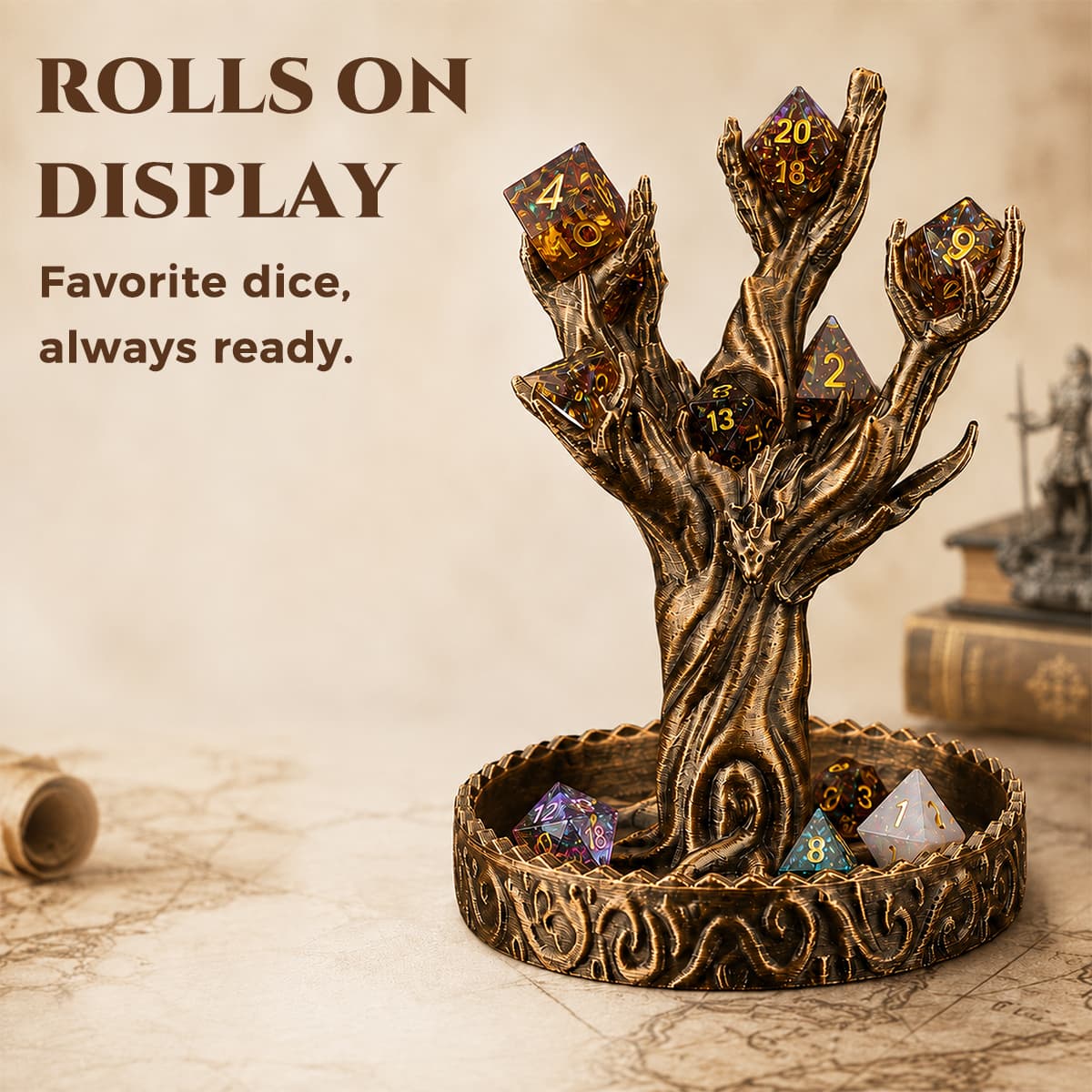 Ancient tree dice display holding polyhedral dice in its branches and circular base tray.