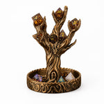 Ancient tree-shaped dice display with polyhedral dice in the branches and a circular base tray.