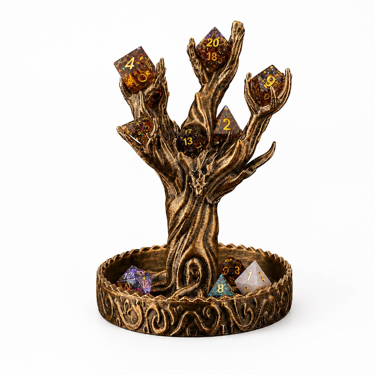 Ancient tree-shaped dice display with polyhedral dice in the branches and a circular base tray.