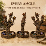 Front, side and rear views of the ancient tree dice display loaded with colorful dice.