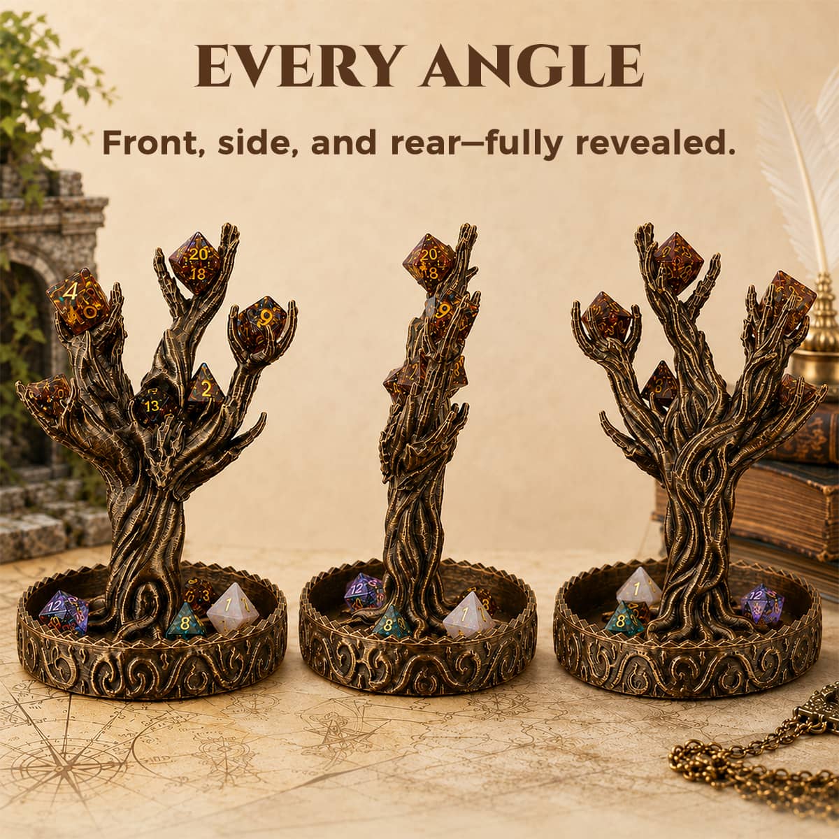 Front, side and rear views of the ancient tree dice display loaded with colorful dice.