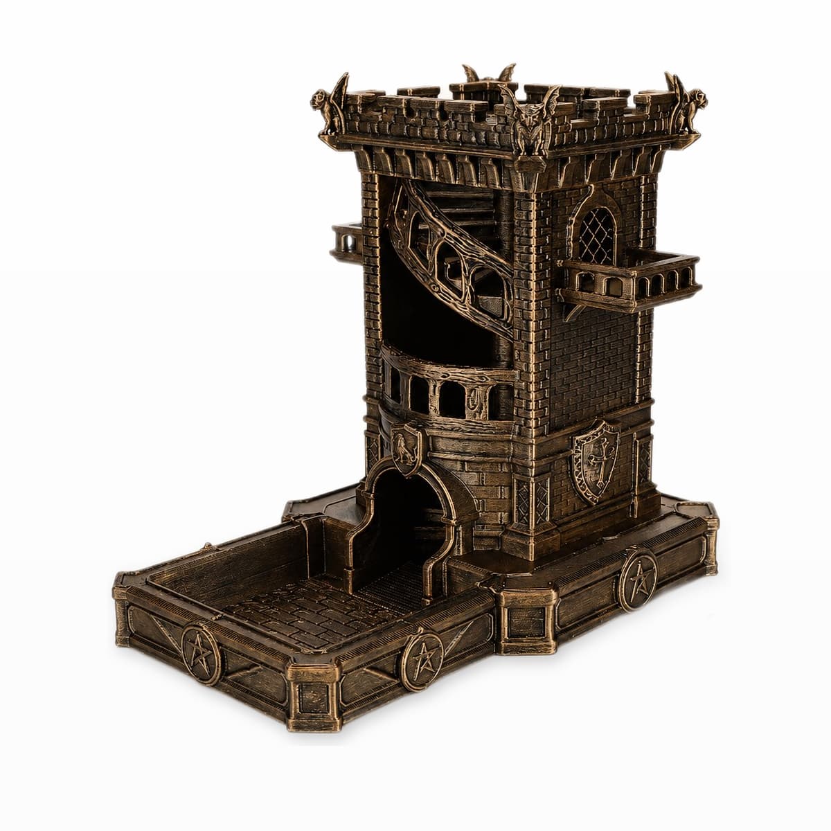Antique bronze gargoyle castle dice tower with spiral roll path and enclosed catch tray.
