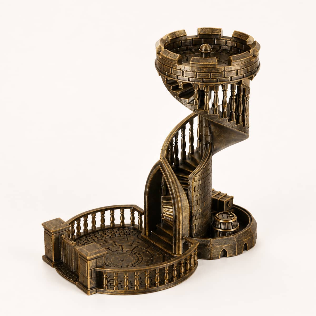 Antique bronze Starspire castle dice tower with spiral staircase and round catch tray.