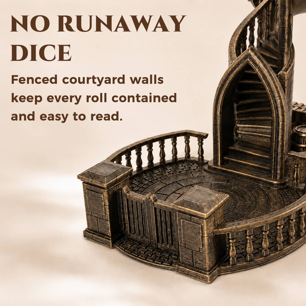 Close view of the fenced catch courtyard at the base of the Starspire dice tower.