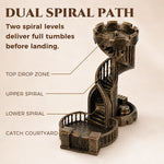 Starspire castle dice tower diagram showing top drop zone, dual spiral path and catch courtyard.