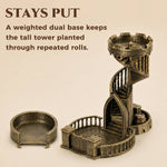 Starspire castle dice tower with its removable catch tray beside the weighted dual base.