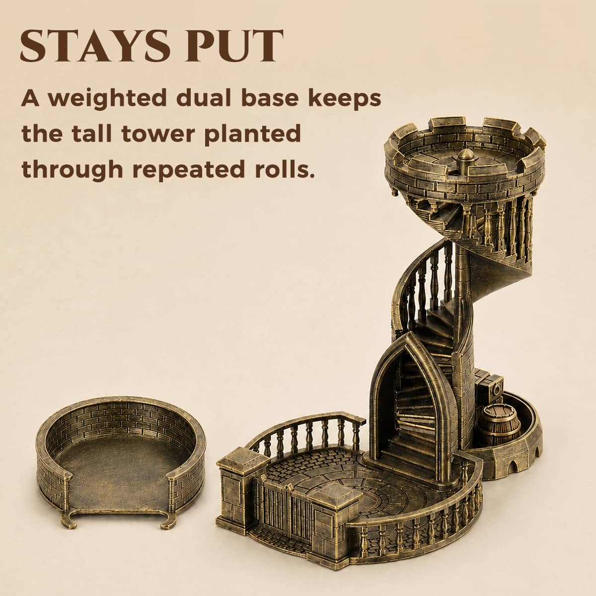 Starspire castle dice tower with its removable catch tray beside the weighted dual base.