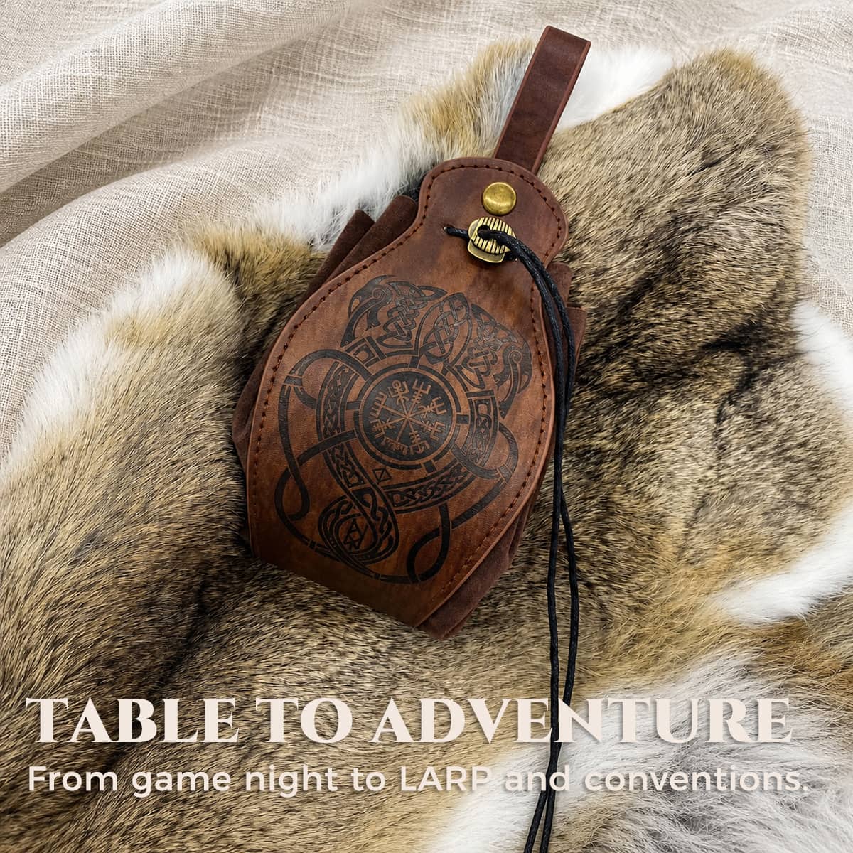Brown Norse dice belt pouch with embossed artwork displayed on fur for tabletop or LARP use.