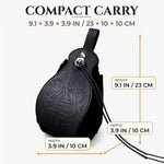 Black Norse dice belt pouch showing 9.1 by 3.9 by 3.9 inch dimensions.