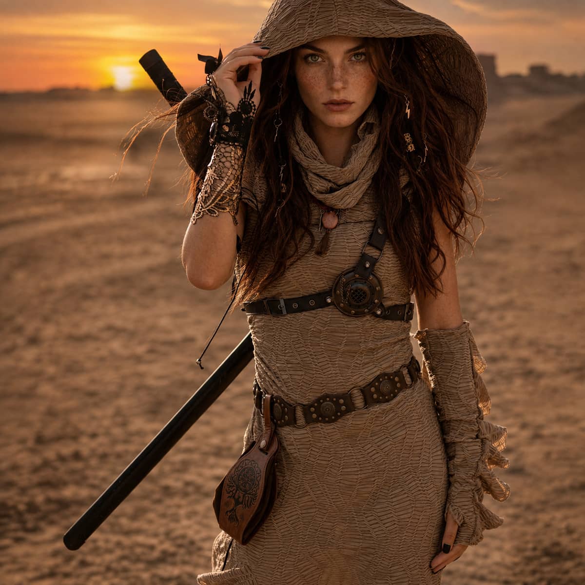 Fantasy adventurer wearing a brown Norse dice pouch and carrying a sword in the desert.