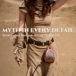 Fantasy adventurer wearing a brown Norse dice belt pouch at her hip.