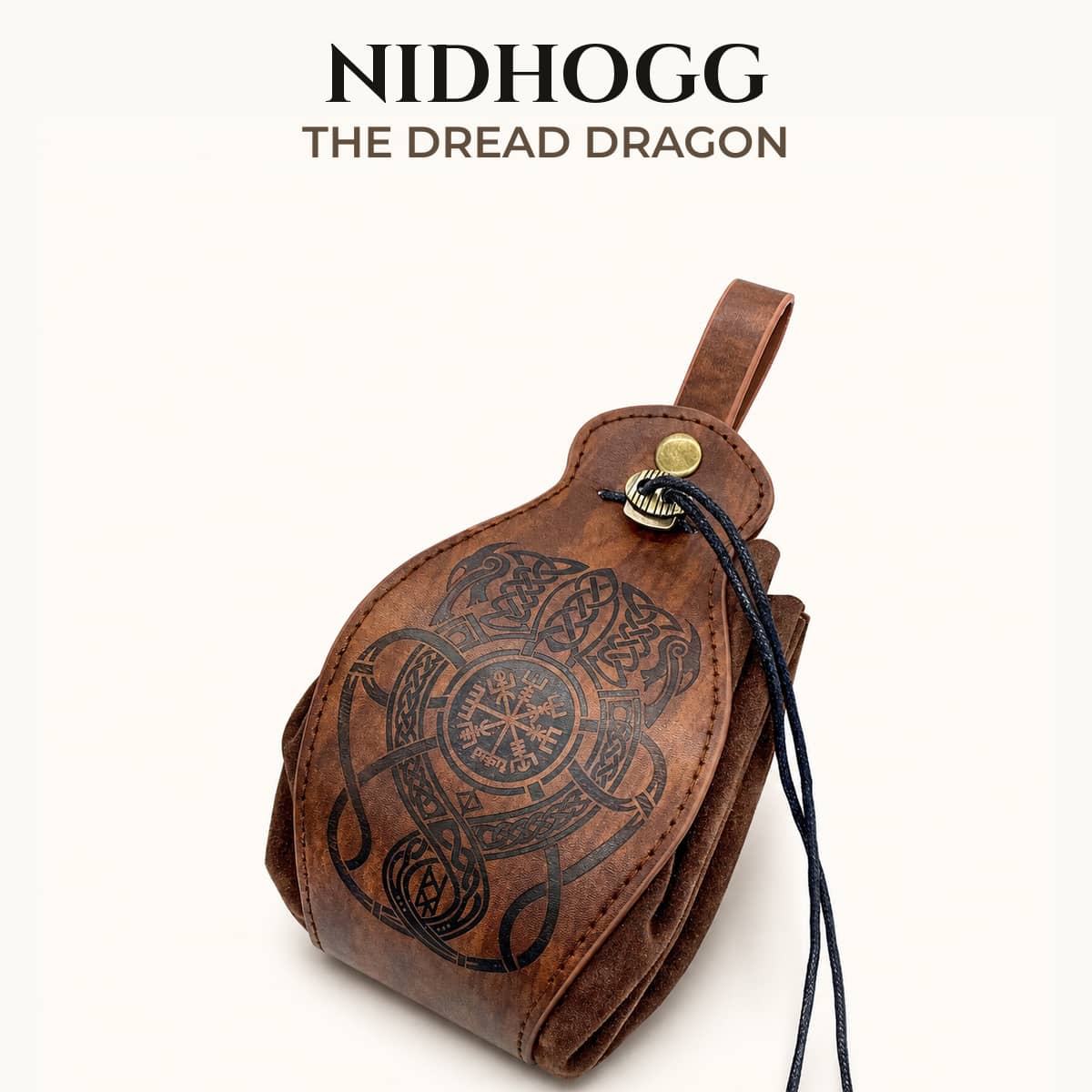 Brown Nidhogg Norse dice belt pouch with dread dragon artwork and drawstring closure.