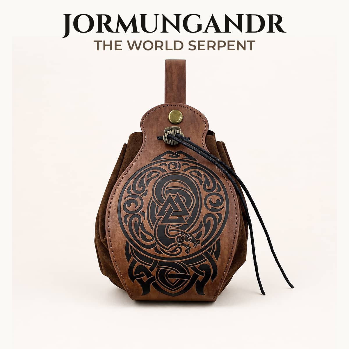 Brown Jormungandr Norse dice belt pouch with world serpent artwork and drawstring closure.