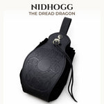 Black Nidhogg Norse dice belt pouch with embossed dread dragon design.