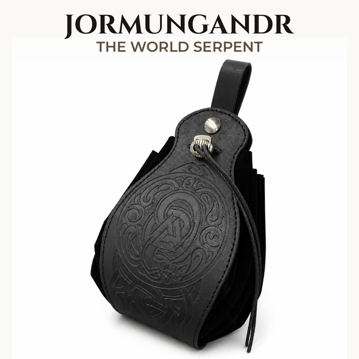 Black Jormungandr Norse dice belt pouch with embossed world serpent design.