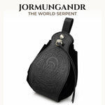 Black Jormungandr Norse dice belt pouch with embossed world serpent design.