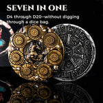 Gold, rose gold and silver 7-in-1 metal dice spinners showing seven numbered dials.