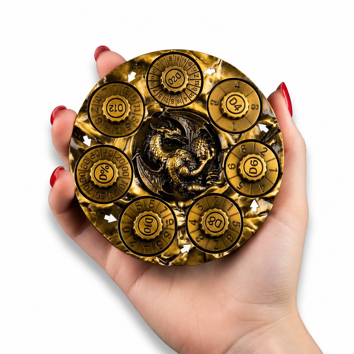 Hand holding an antique gold circular 7-in-1 RPG dice spinner with dragon relief.