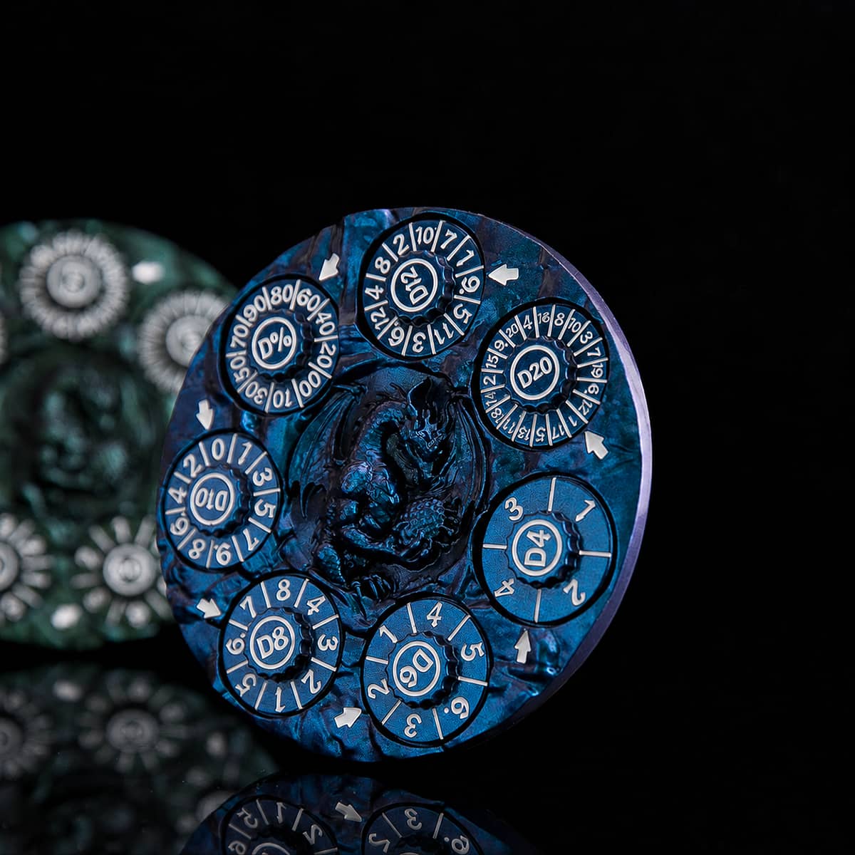Blue 7-in-1 dragon dice spinner upright on a black reflective surface.