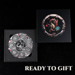 Silver 7-in-1 metal dice spinner presented in a black gift box with dragon artwork.