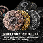 Rose gold, gold and silver dragon dice spinners displayed against a dark fantasy backdrop.