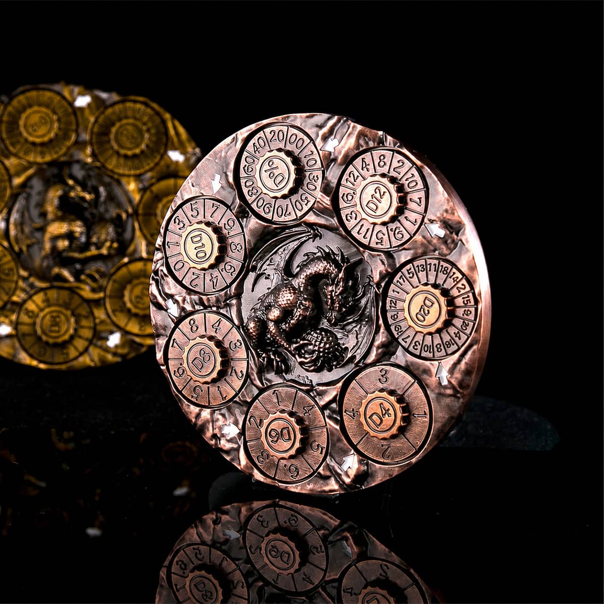 Rose gold 7-in-1 dragon dice spinner upright on a black reflective surface.