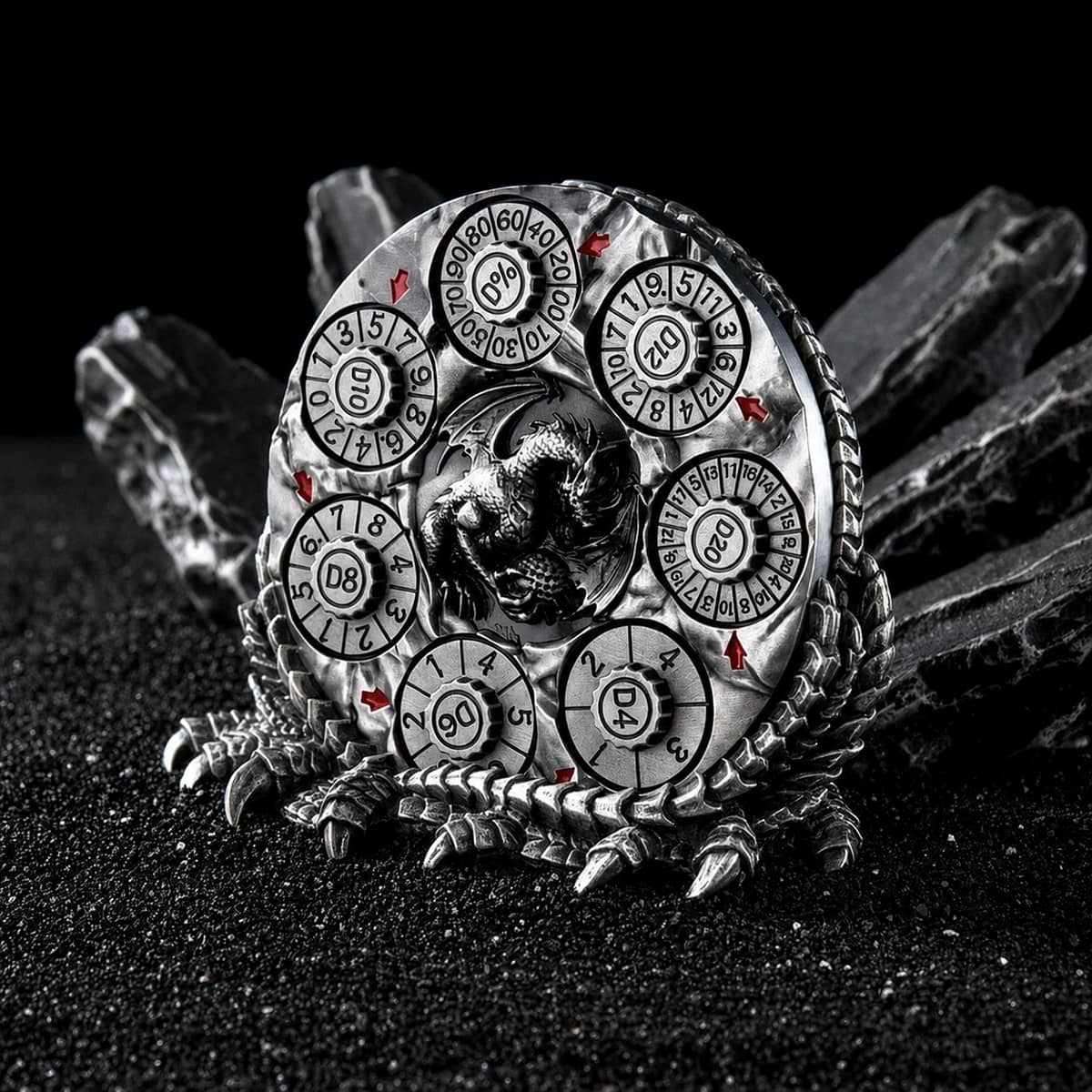 Silver 7-in-1 dragon dice spinner displayed on a sculpted dragon claw stand.