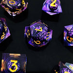 Purple moving dragon eye polyhedral dice set with gold numbers on a black background.