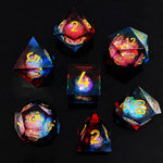 Fire and Ice liquid-core RPG dice set with blue and red glitter and yellow numbers.