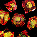 Red Moss liquid-core RPG dice set with red resin, moss-like gold cores and yellow numbers.